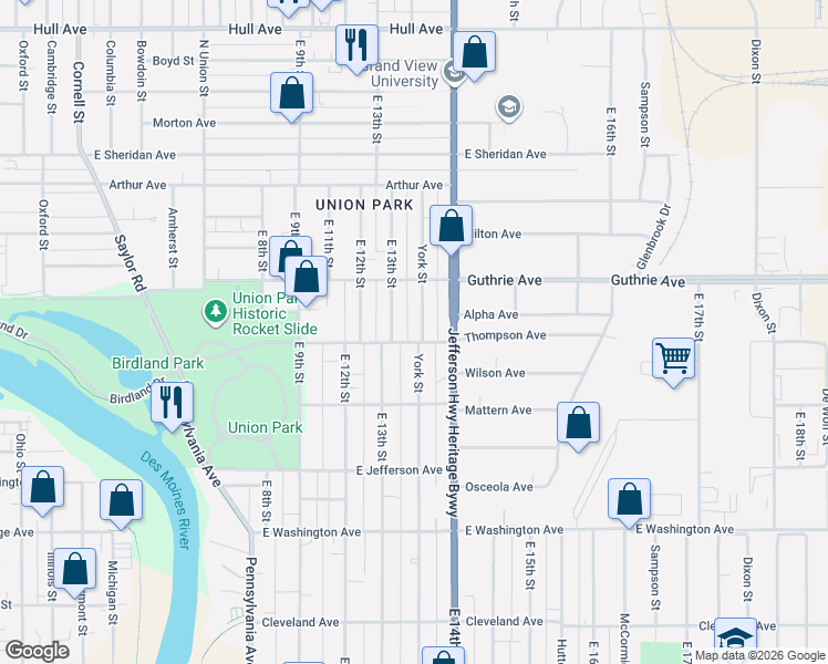 map of restaurants, bars, coffee shops, grocery stores, and more near 2021 York Street in Des Moines