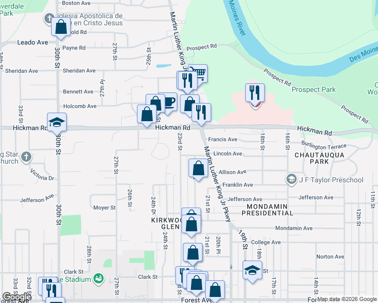map of restaurants, bars, coffee shops, grocery stores, and more near 2025 23rd Street in Des Moines
