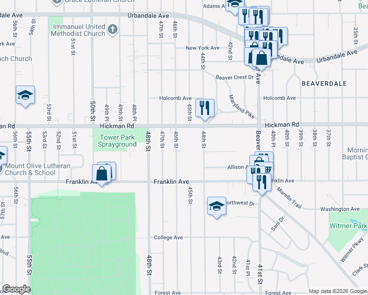 map of restaurants, bars, coffee shops, grocery stores, and more near 2101 46th Street in Des Moines