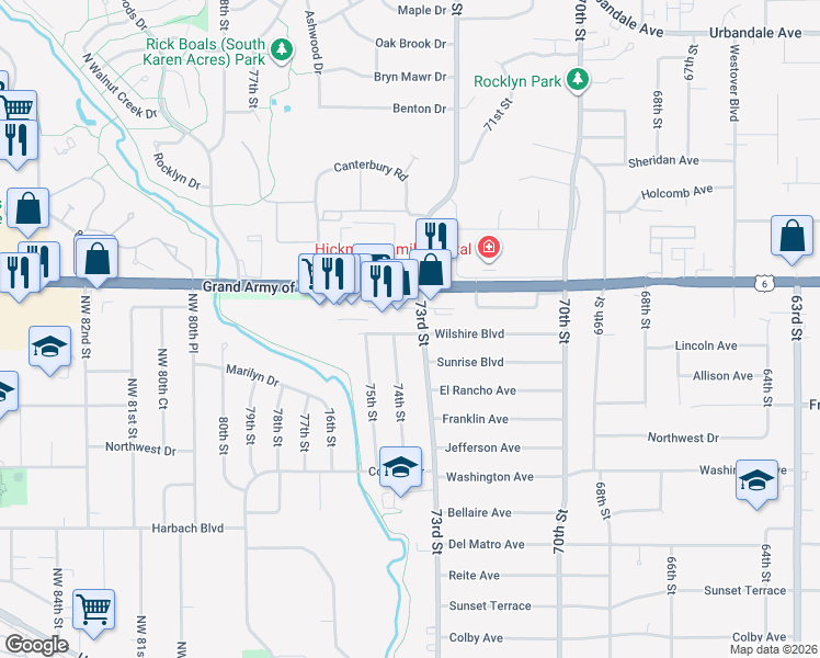 map of restaurants, bars, coffee shops, grocery stores, and more near 2112 73rd Street in Windsor Heights