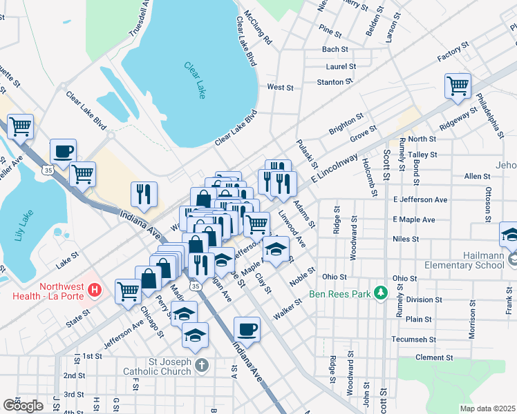 map of restaurants, bars, coffee shops, grocery stores, and more near 400 Lincolnway in La Porte