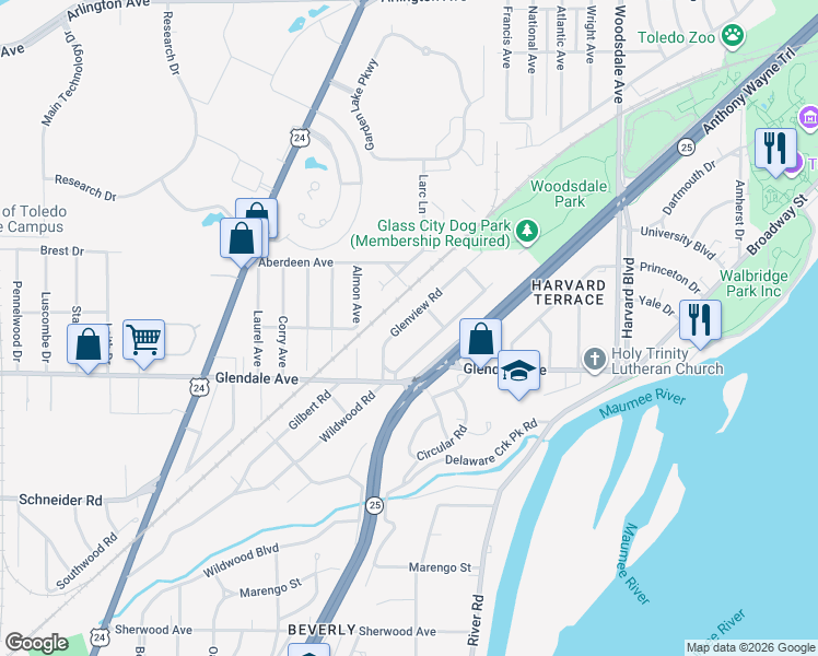 map of restaurants, bars, coffee shops, grocery stores, and more near 1386 Wildwood Road in Toledo