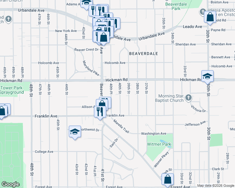 map of restaurants, bars, coffee shops, grocery stores, and more near 2019 40th Street in Des Moines