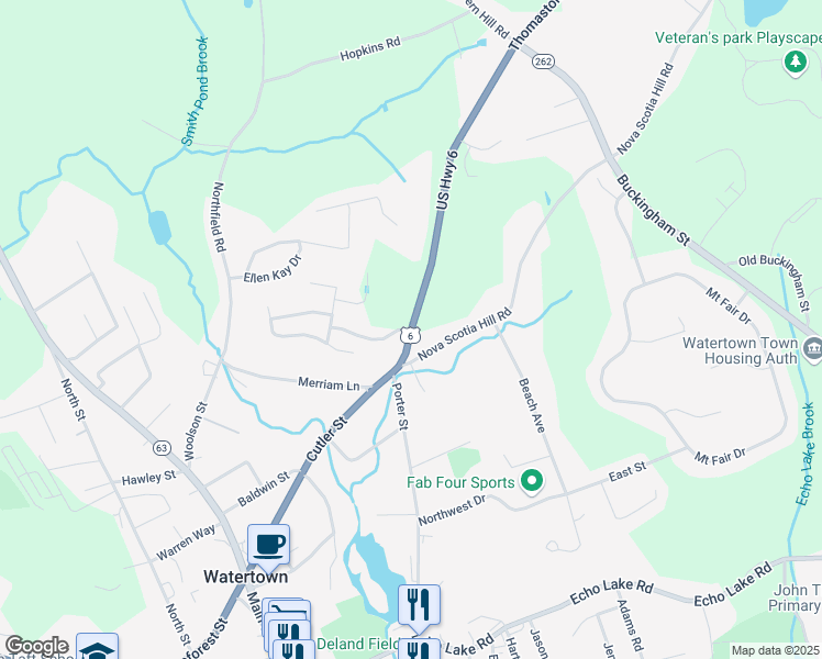 map of restaurants, bars, coffee shops, grocery stores, and more near 75 Thomaston Road in Watertown