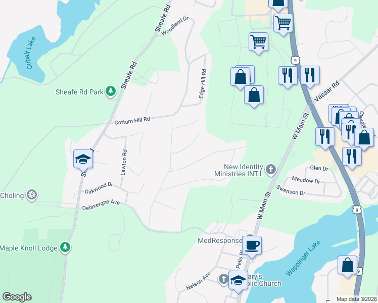 map of restaurants, bars, coffee shops, grocery stores, and more near 7 Old English Way in Wappingers Falls