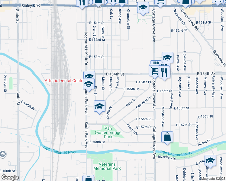 map of restaurants, bars, coffee shops, grocery stores, and more near 15503 Cherry Street in South Holland