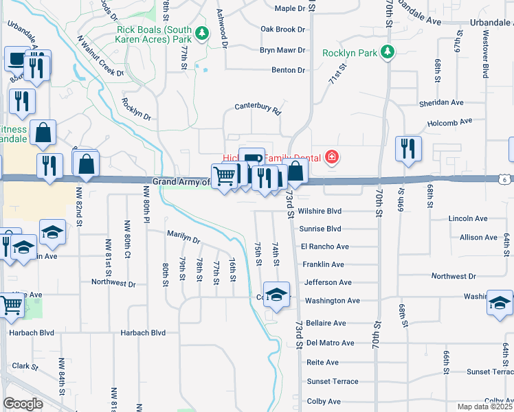 map of restaurants, bars, coffee shops, grocery stores, and more near 7505 Wilshire Boulevard in Windsor Heights