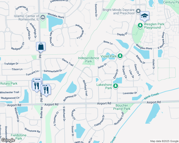 map of restaurants, bars, coffee shops, grocery stores, and more near 1719 Raleigh Trail in Romeoville