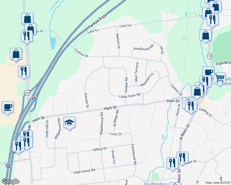 map of restaurants, bars, coffee shops, grocery stores, and more near 222 Little Fawn Road in Southington