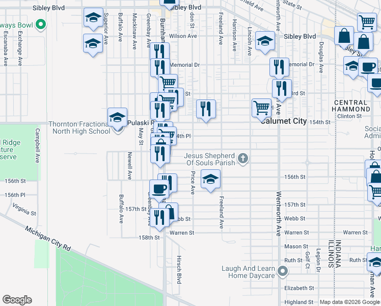 map of restaurants, bars, coffee shops, grocery stores, and more near 501 155th Street in Calumet City