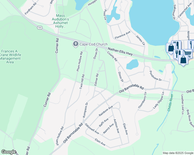 map of restaurants, bars, coffee shops, grocery stores, and more near 50 Edmar Road in Falmouth