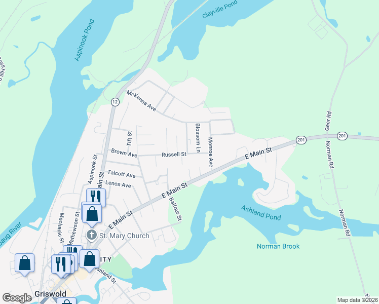 map of restaurants, bars, coffee shops, grocery stores, and more near 7 Parker Avenue in Griswold