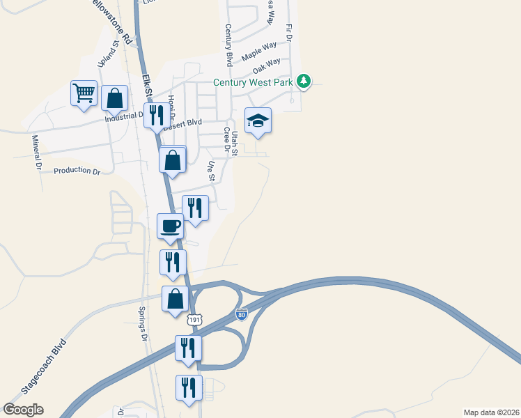 map of restaurants, bars, coffee shops, grocery stores, and more near 1634 Utah St in Rock Springs