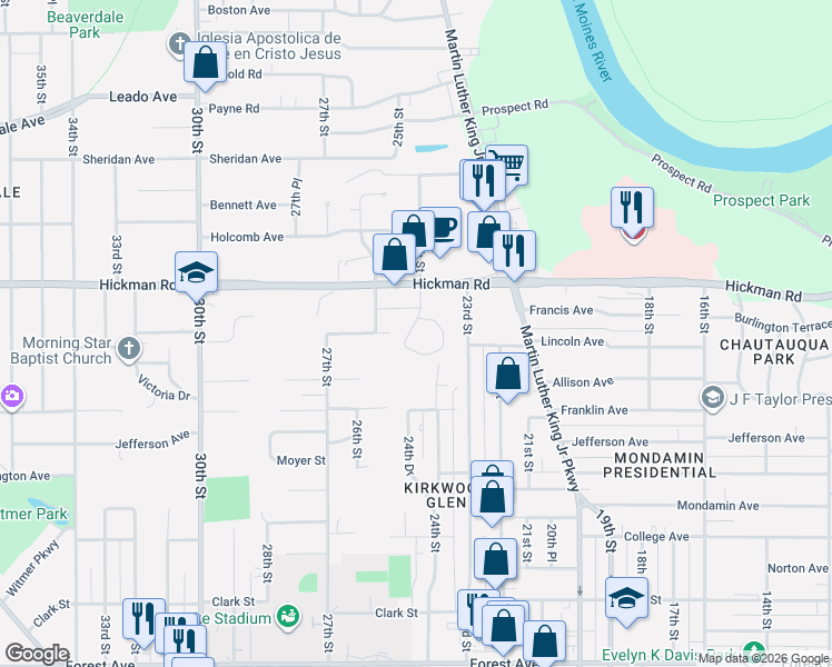 map of restaurants, bars, coffee shops, grocery stores, and more near 2400 Hickman Road in Des Moines