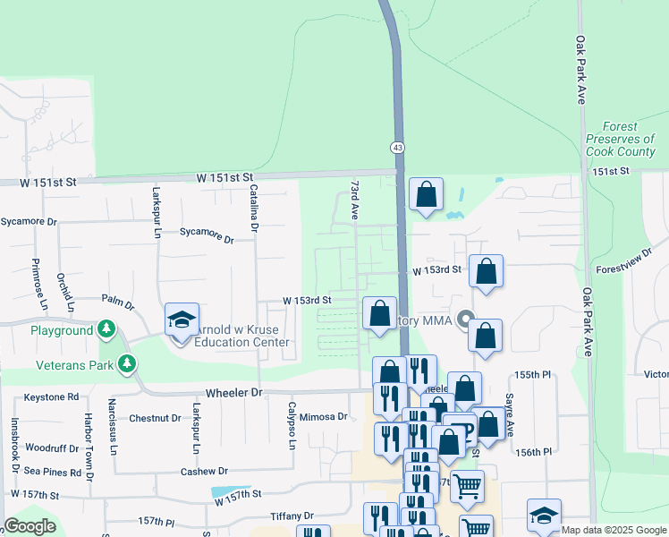 map of restaurants, bars, coffee shops, grocery stores, and more near 15254 74th Avenue in Orland Park