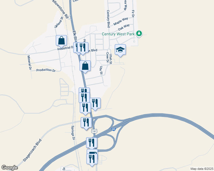map of restaurants, bars, coffee shops, grocery stores, and more near 1634 3rd Street East in Rock Springs