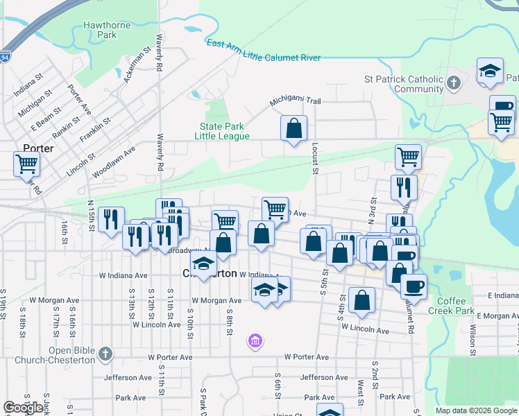 map of restaurants, bars, coffee shops, grocery stores, and more near 657 Wabash Avenue in Chesterton