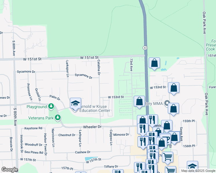 map of restaurants, bars, coffee shops, grocery stores, and more near 15253 Catalina Drive in Orland Park