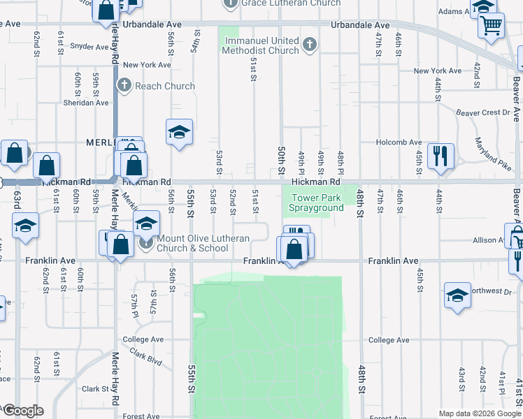 map of restaurants, bars, coffee shops, grocery stores, and more near 5021 Lincoln Avenue in Des Moines