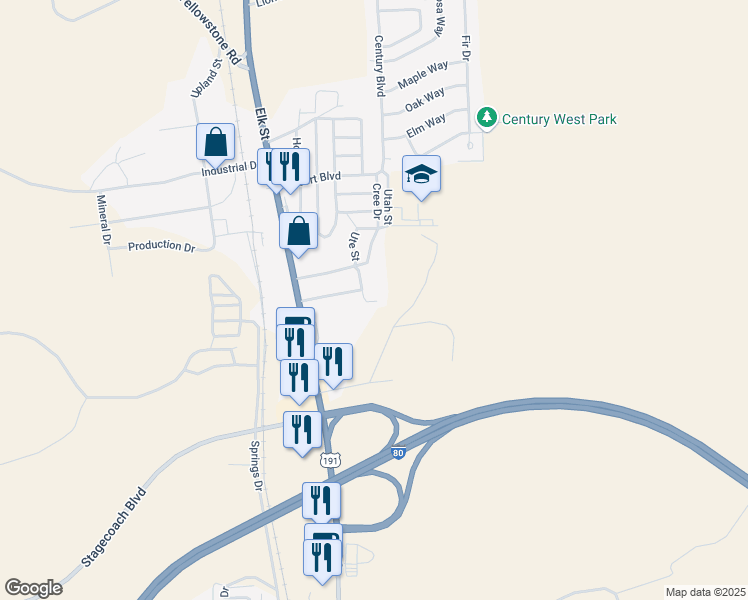 map of restaurants, bars, coffee shops, grocery stores, and more near 1634 3rd Street East in Rock Springs