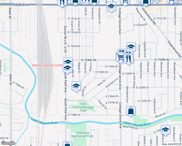 map of restaurants, bars, coffee shops, grocery stores, and more near 15503 Park Lane in South Holland