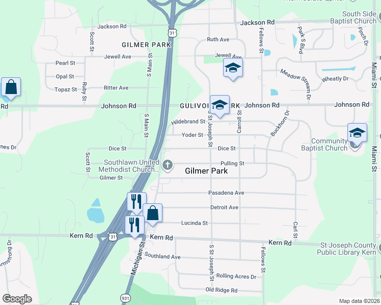 map of restaurants, bars, coffee shops, grocery stores, and more near 19825 Pulling St in South Bend