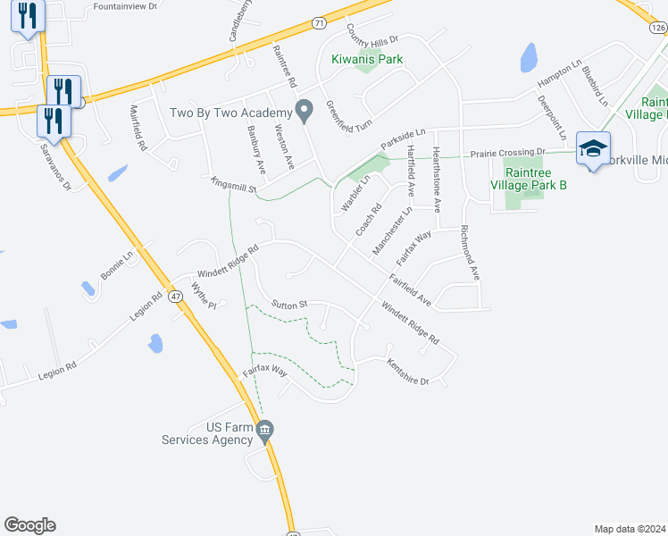 map of restaurants, bars, coffee shops, grocery stores, and more near Windett Ridge Road in Yorkville