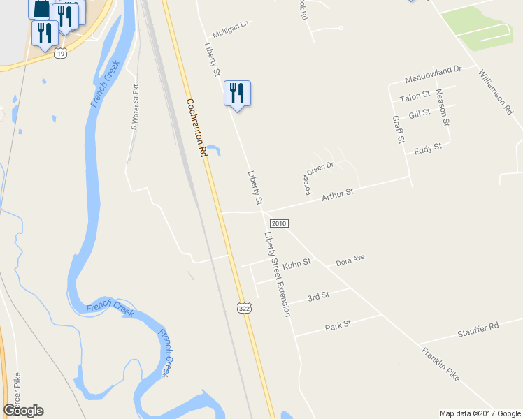 map of restaurants, bars, coffee shops, grocery stores, and more near 10600 Liberty Street in Meadville