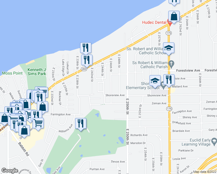 map of restaurants, bars, coffee shops, grocery stores, and more near 320 East 246th Street in Euclid