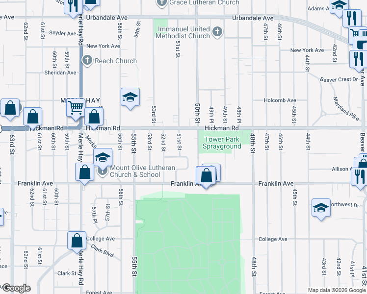 map of restaurants, bars, coffee shops, grocery stores, and more near 5021 Lincoln Avenue in Des Moines