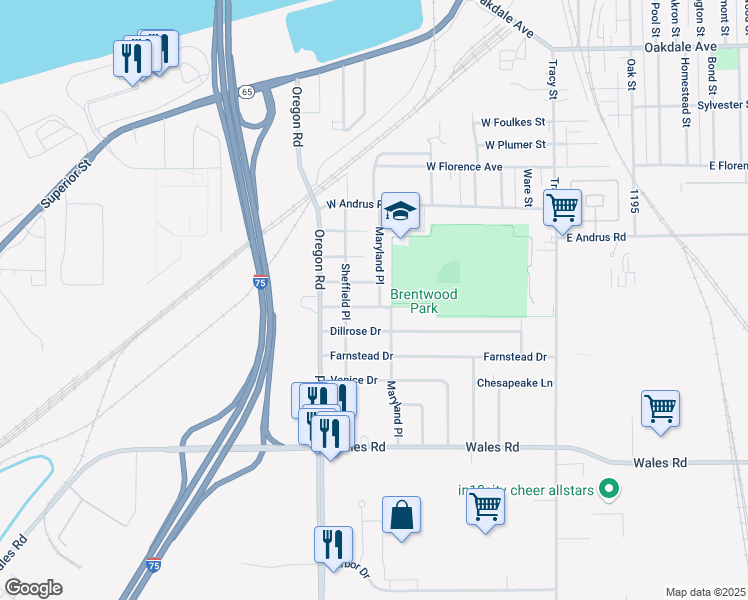 map of restaurants, bars, coffee shops, grocery stores, and more near 423 Brentwood Drive in Northwood