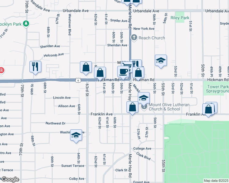 map of restaurants, bars, coffee shops, grocery stores, and more near 2102 60th Street in Des Moines