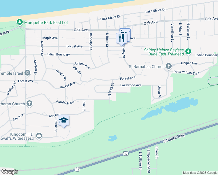 map of restaurants, bars, coffee shops, grocery stores, and more near 8221 Hickory Avenue in Gary