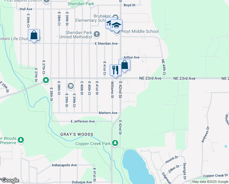 map of restaurants, bars, coffee shops, grocery stores, and more near 2020 East 42nd Street in Des Moines
