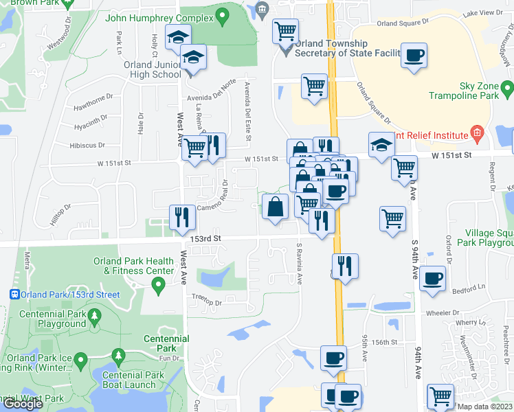 map of restaurants, bars, coffee shops, grocery stores, and more near 15201 El Cameno Terrace in Orland Park
