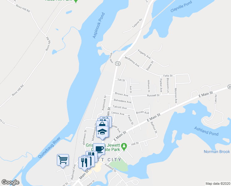 map of restaurants, bars, coffee shops, grocery stores, and more near 12 Brown Avenue in Griswold