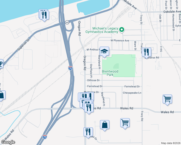 map of restaurants, bars, coffee shops, grocery stores, and more near 423 Brentwood Drive in Northwood