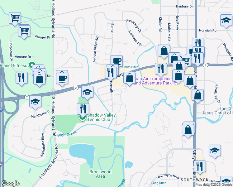 map of restaurants, bars, coffee shops, grocery stores, and more near 1507 Bernath in Toledo