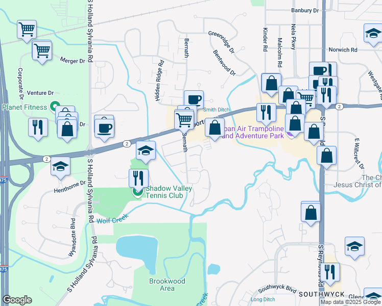 map of restaurants, bars, coffee shops, grocery stores, and more near 1507 Bernath in Toledo