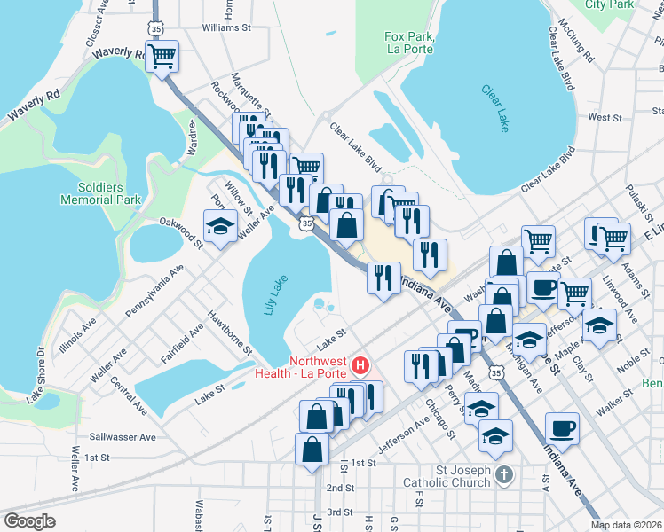 map of restaurants, bars, coffee shops, grocery stores, and more near 1119 Lake Street in La Porte