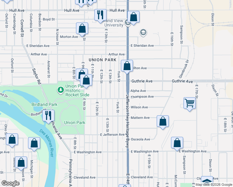 map of restaurants, bars, coffee shops, grocery stores, and more near 2021 York Street in Des Moines