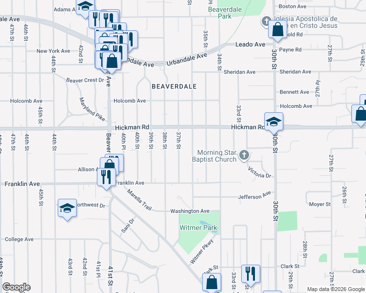 map of restaurants, bars, coffee shops, grocery stores, and more near 2022 36th Street in Des Moines