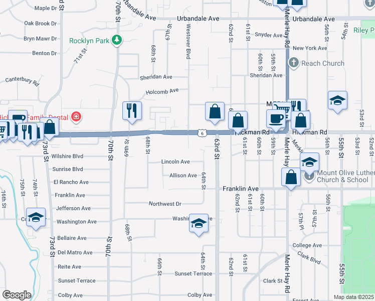 map of restaurants, bars, coffee shops, grocery stores, and more near 6421 Lincoln Avenue in Windsor Heights