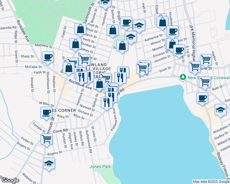 map of restaurants, bars, coffee shops, grocery stores, and more near 6 Rockdale Avenue in New Bedford