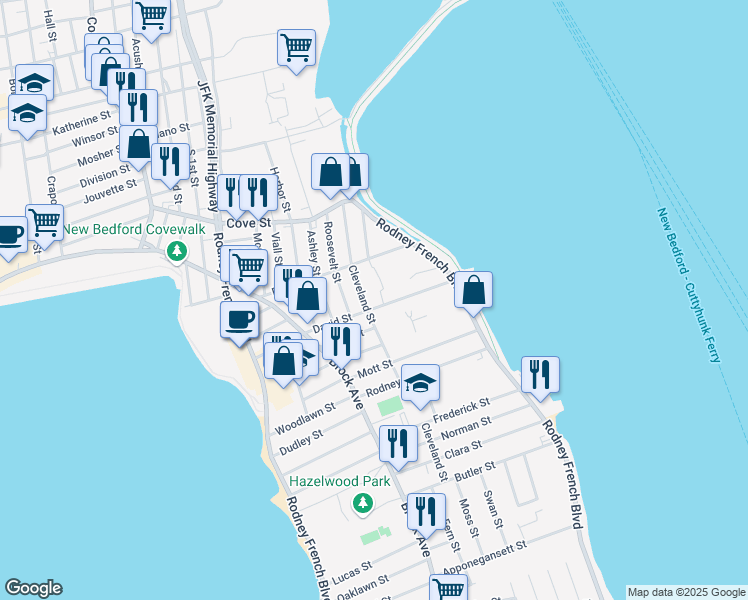 map of restaurants, bars, coffee shops, grocery stores, and more near 99 Cleveland Street in New Bedford