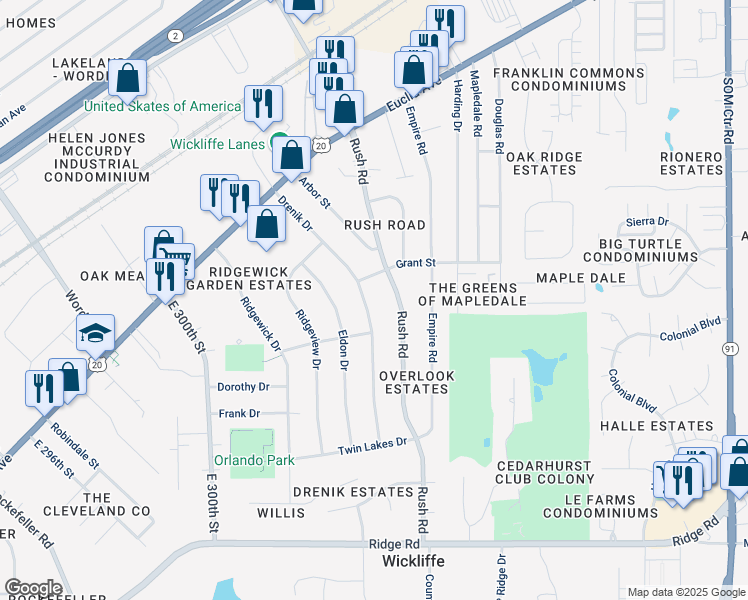 map of restaurants, bars, coffee shops, grocery stores, and more near 1762 Rush Road in Wickliffe
