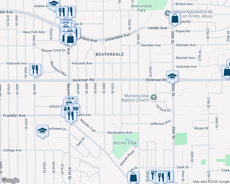 map of restaurants, bars, coffee shops, grocery stores, and more near 2022 36th Street in Des Moines
