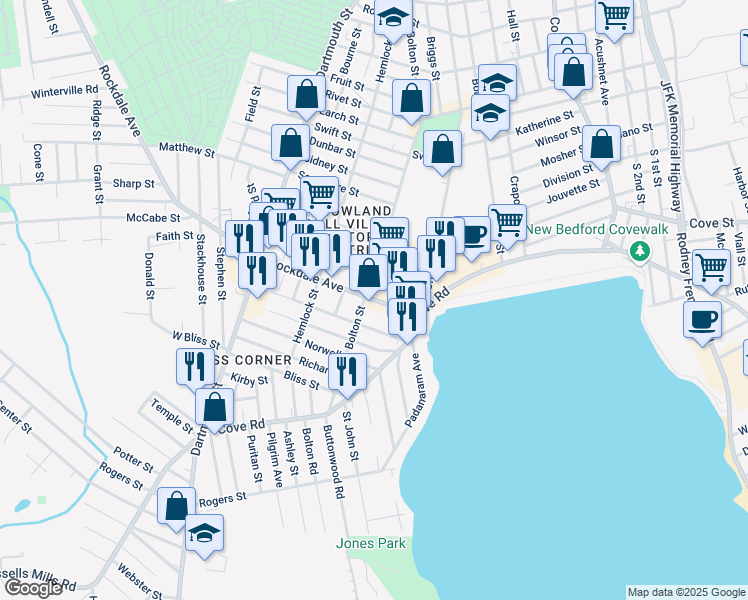 map of restaurants, bars, coffee shops, grocery stores, and more near 41 Rockdale Avenue in New Bedford