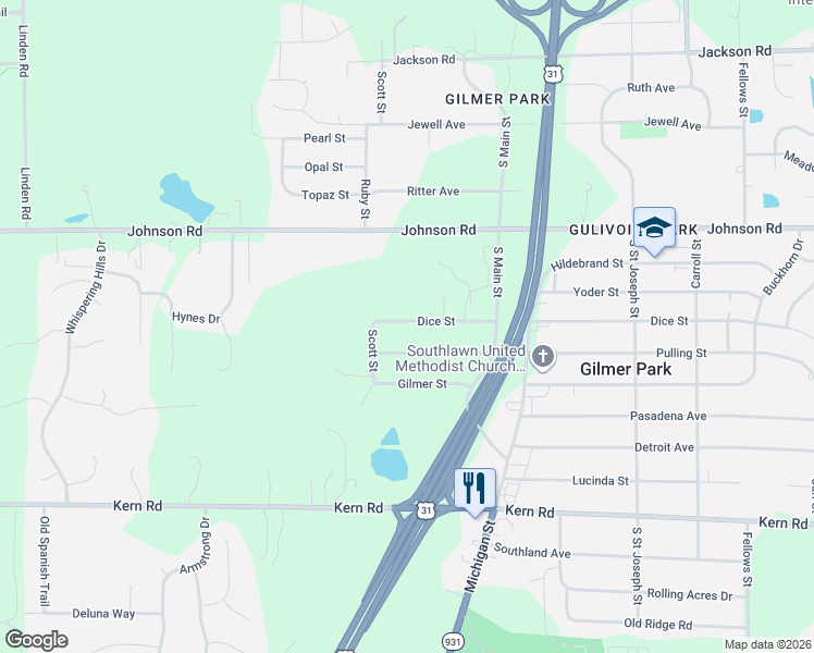 map of restaurants, bars, coffee shops, grocery stores, and more near 20185 Pulling Street in South Bend