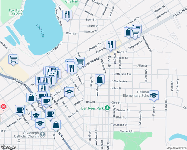 map of restaurants, bars, coffee shops, grocery stores, and more near 301 East Jefferson Avenue in La Porte